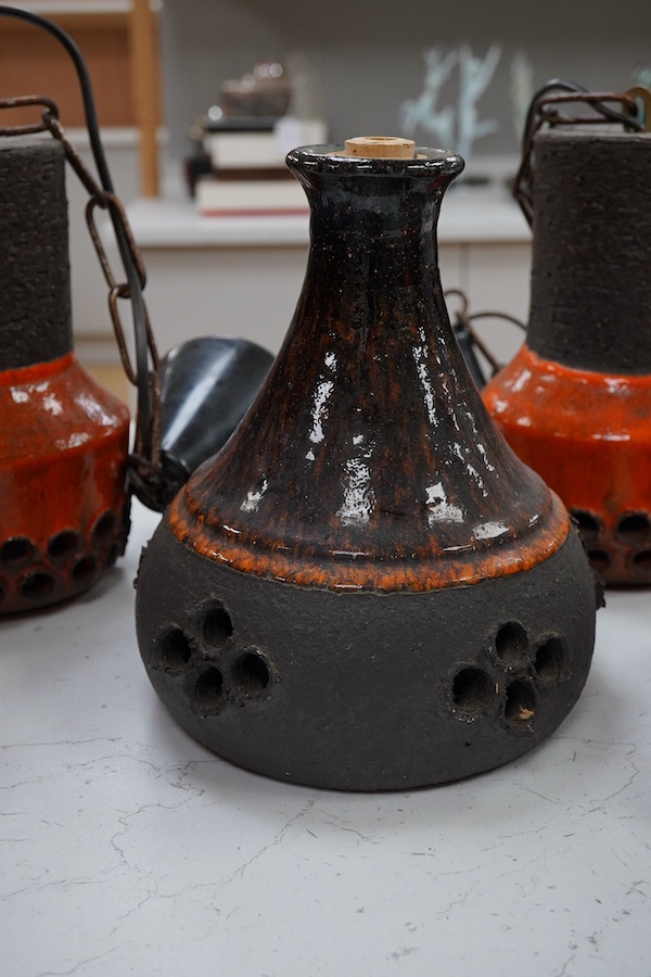 A set of three 1970s Danish pottery brown and orange glazed pendant lights and two other larger similar pottery lights, 19cm high (5). Condition - good